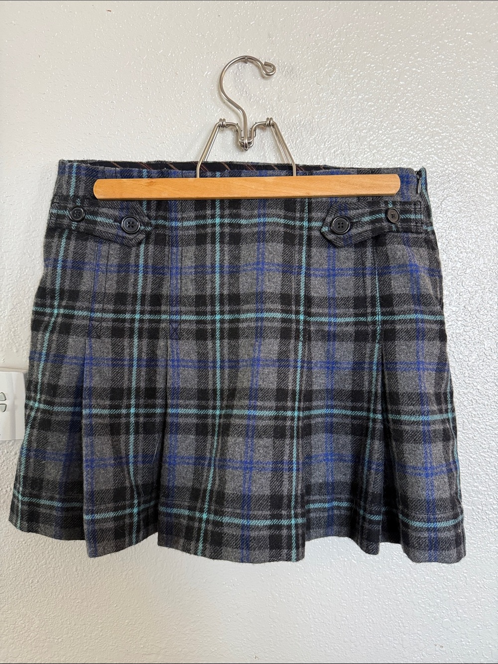 GAP Gray Plaid Pleated Mini Skirt with Blue and Teal Stripes